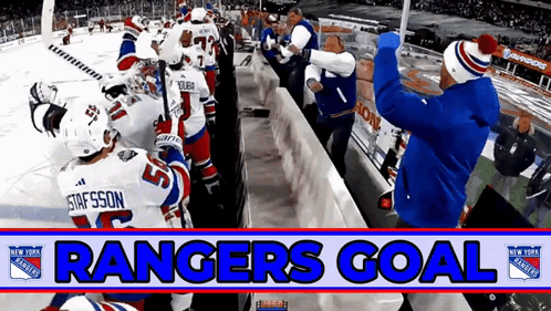 A Rangers Goal Banner Is Displayed In Front Of A Hockey Game GIF