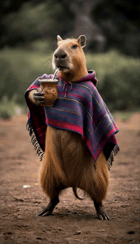 A Rat Wearing A Poncho Drinking From A Cup GIF