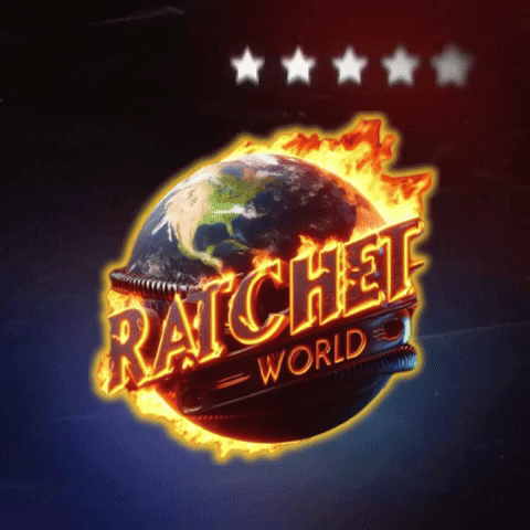 A Ratchet World Logo With A Burning Globe In The Center GIF