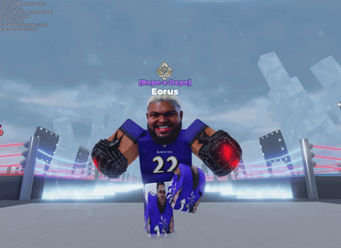 a ravens player named eorus is standing in a boxing ring
