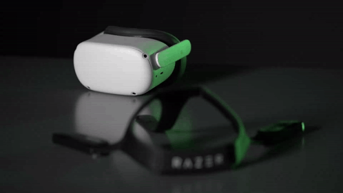 A Razer Adjustable Headstrap For Meta Quest 2 Sits On A Table GIF
