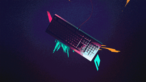 A Razer Keyboard Is Surrounded By A Blue And Red Background GIF