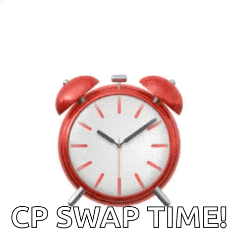A Red Alarm Clock With The Words `` Cp Swap Time '' Written Under It . GIF