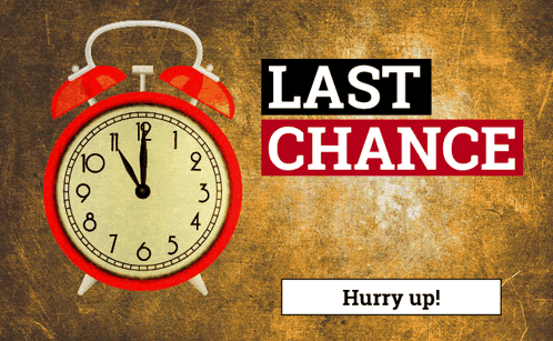 A Red Alarm Clock With The Words Last Chance On It GIF