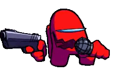 a red among us character is holding a gun and a microphone in his hand .
