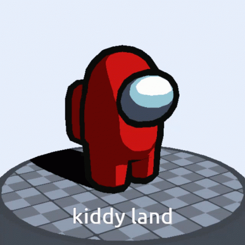 A Red Among Us Character Is Standing On A Checkered Surface With The Words Kiddy Land Below It GIF
