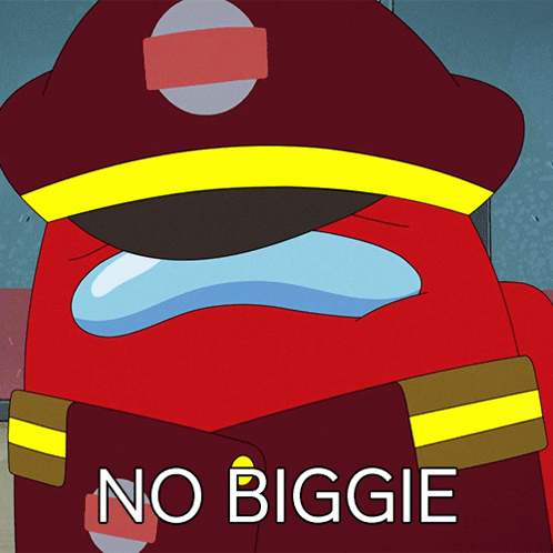 A Red Among Us Character Is Wearing A Fireman 'S Hat And Says " No Biggie " On The Bottom GIF