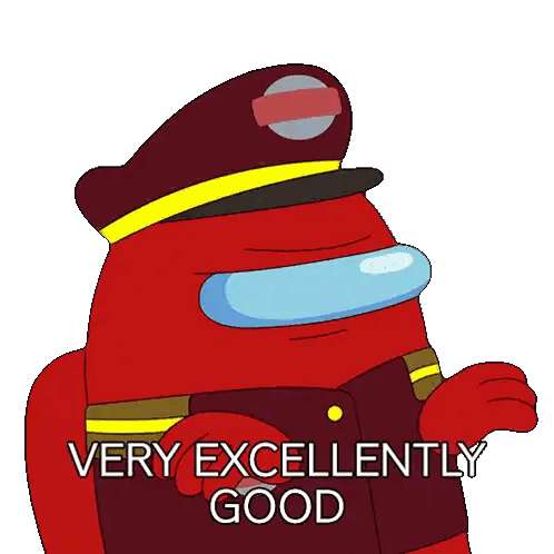 a red among us character says very excellently good on a white background
