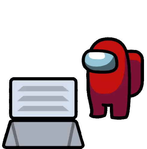 a red among us character standing next to an open laptop