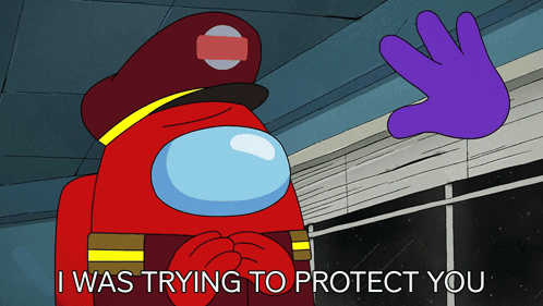 A Red Among Us Character Talking To A Purple Hand Which Says I Was Trying To Protect You GIF