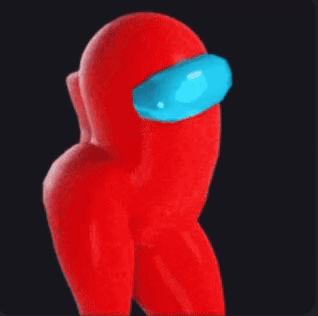 A Red Among Us Character With A Blue Mask On His Head GIF