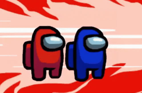 A Red And A Blue Among Us Character Are Standing Next To Each Other On A Red And White Background . GIF