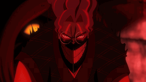 A Red And Black Cartoon Character With Glasses And A Big Mouth GIF