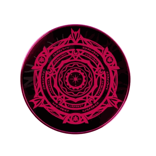 a red and black circle with a star in the middle and a few letters on it