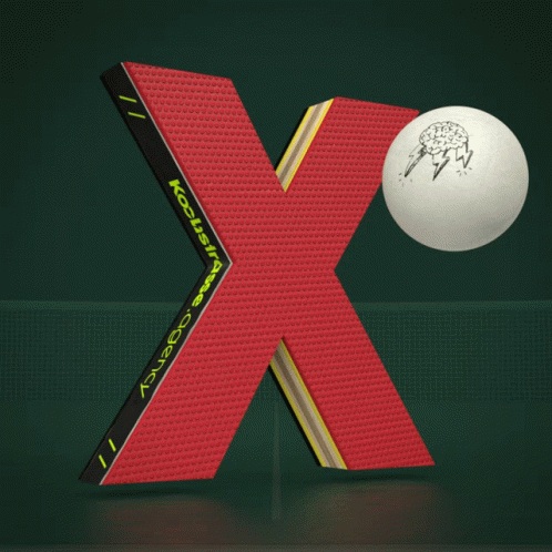 A Red And Black Letter X With A White Ball On It GIF