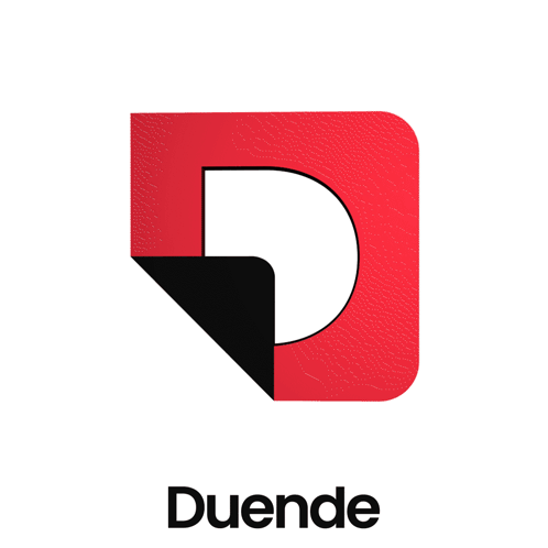 A Red And Black Logo With The Word Duende Below GIF