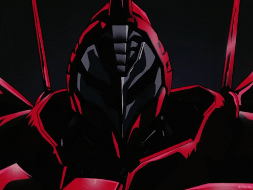 A Red And Black Robot With Red Eyes Is Displayed On An Anime.to Website GIF