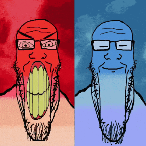 A Red And Blue Drawing Of A Man With A Beard And Glasses GIF