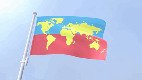 A Red And Blue Flag With A Yellow Map Of The World On It GIF