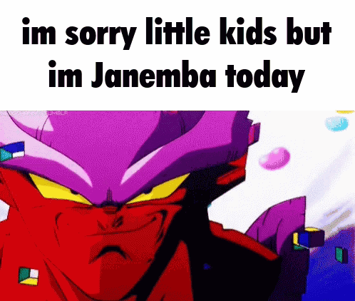 A Red And Purple Cartoon Character With The Words Im Sorry Little Kids But Im Janemba Today GIF