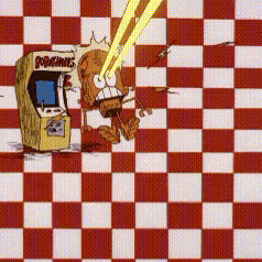 A Red And White Checkered Table Cloth With A Cartoon Character In Front Of An Arcade Game That Says Popgames GIF