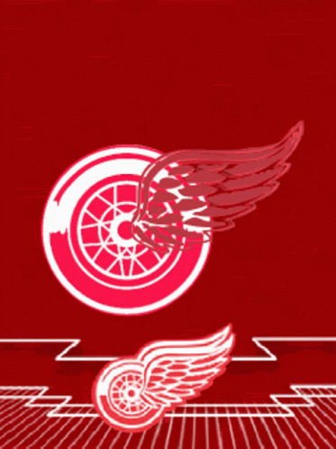 A Red And White Logo With A Wheel And Wings GIF