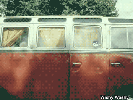 A Red And White Van With The Words Wishy Washy On The Bottom Right GIF