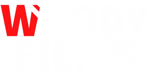 a red and white woody films logo