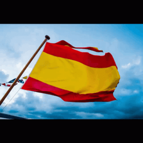 A Red And Yellow Flag Is Waving In The Wind Against A Cloudy Sky GIF