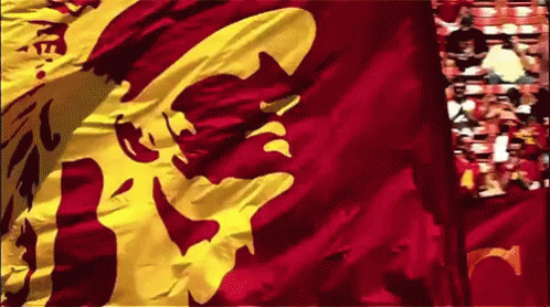 A Red And Yellow Flag With A Lion Design On It GIF