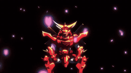 A Red And Yellow Robot With Horns And A Sword . GIF