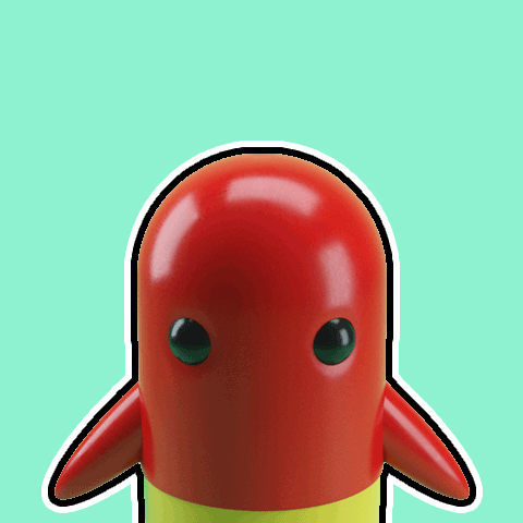 A Red And Yellow Toy With Green Eyes And A Yellow Tail GIF