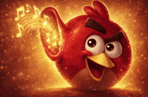 A Red Angry Bird With Music Notes Coming Out Of Its Wing GIF