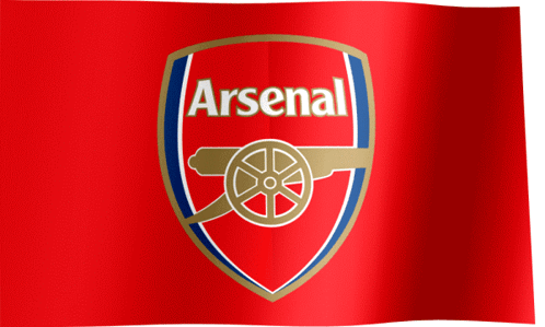 A Red Arsenal Flag With A Cannon On It GIF