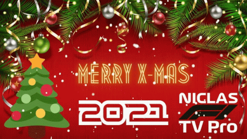 A Red Background With A Christmas Tree And The Words Merry X-Mas 2021 On It GIF