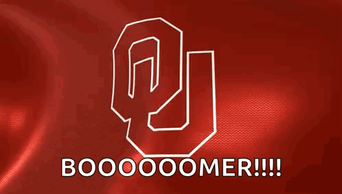 A Red Background With An Oklahoma Logo And The Words Booooomer GIF