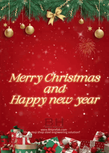 A Red Background With Christmas Decorations And The Words Merry Christmas And Happy New Year On It GIF