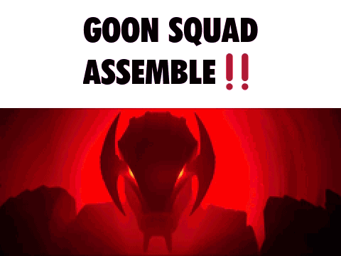 A Red Background With The Words Goon Squad Assemble GIF