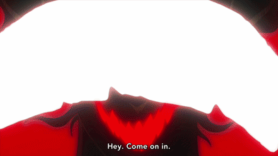 A Red Background With The Words Hey Come On In Below It GIF