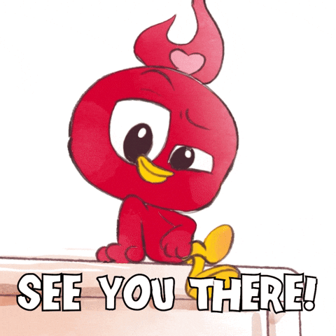a red bird with a heart on its head sits on a table with the words see you there below it