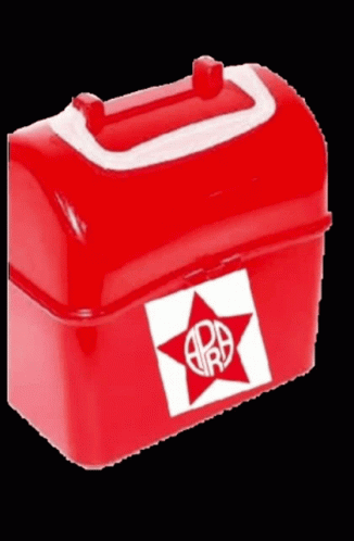 a red box with a white handle and a red star with the letter r on it
