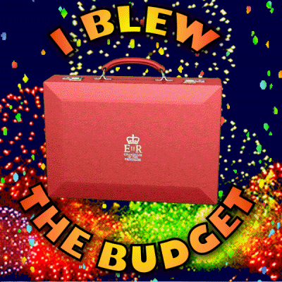 a red briefcase with the words i blew the budget written on it