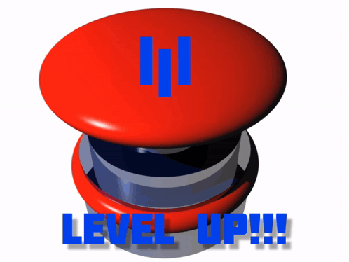 A Red Button That Says Level Up In Blue GIF