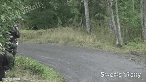 A Red Car Is Driving Down A Road With The Words Swedish Rally Written On The Bottom GIF