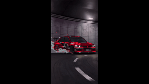 A Red Car Is Driving Through A Tunnel With Smoke Coming Out Of The Tires GIF