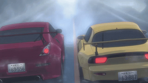 A Red Car With A License Plate That Says 69-556 Is Next To A Yellow Car With A License Plate That Says 63-887 GIF