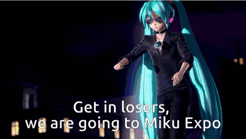 A Red Car With The Words " Get In Losers We Are Going To Miku Expo " GIF