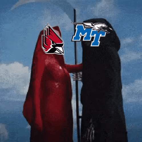A Red Cardinal And A Black Grim Reaper Are Standing Next To Each Other With The Letters Mt On Their Shirts GIF