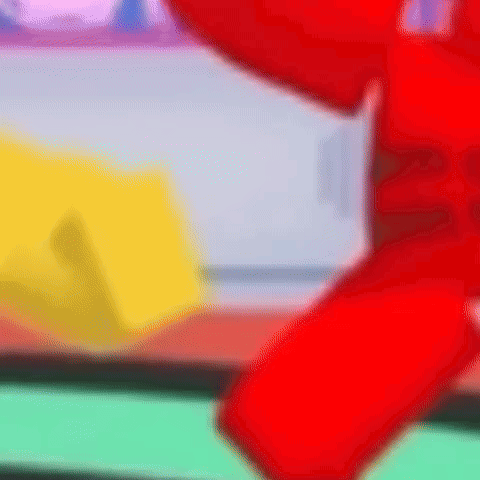 A Red Cartoon Character Is Standing In Front Of A Yellow Box . GIF