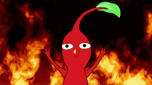 A Red Cartoon Character With A Green Leaf On Its Head Stands In Front Of A Fire Background GIF